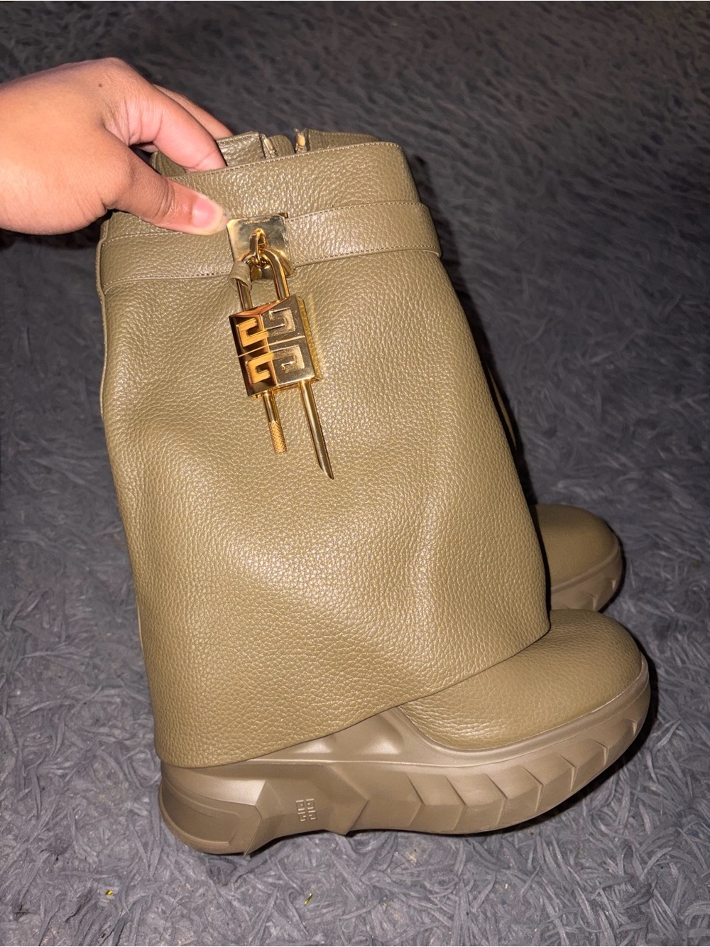 Givenchy Olive Green Mid-Calf Heeled Boots with Gold Charm